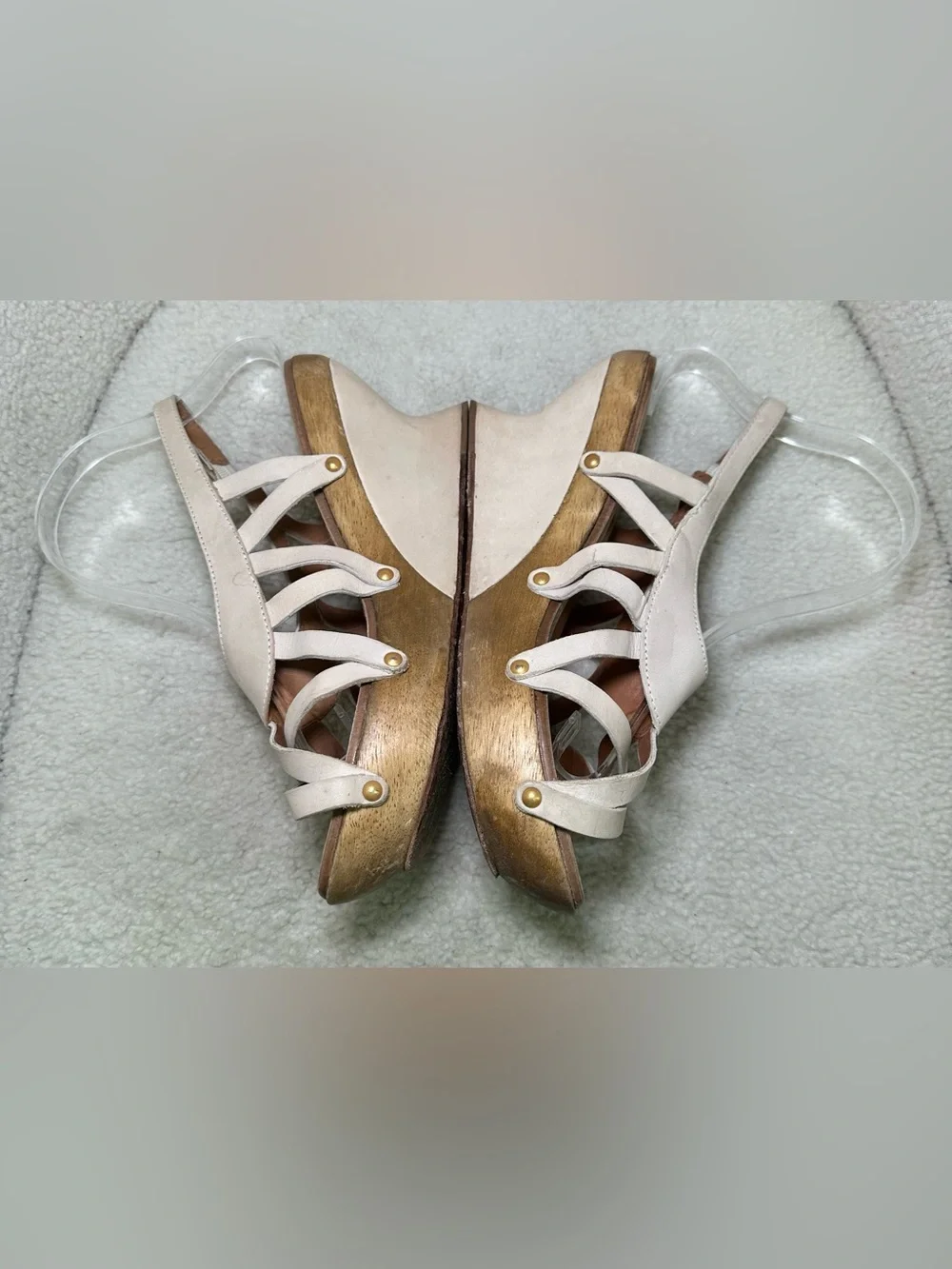Leifsdottir Vintage Anthropologie Ivory Leather Wood Platform Wedge Strappy 9